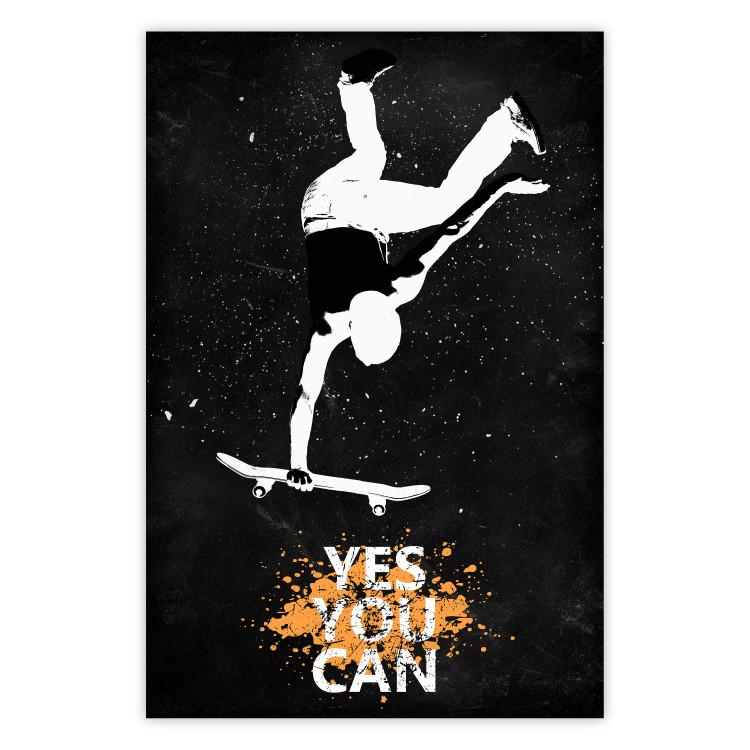 Poster Teenager on a Skateboard - Boy Jumping on a Board on a Dark Background