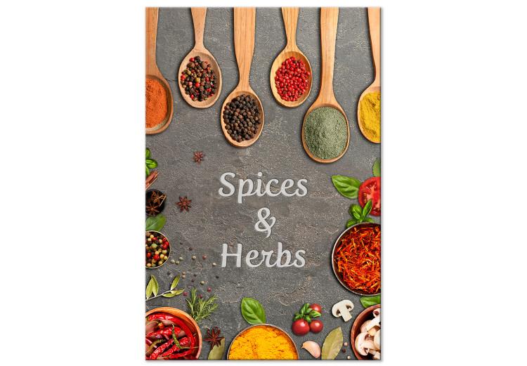 Canvas Print Herbs and Spices (1-piece) - still life and text on a gray background