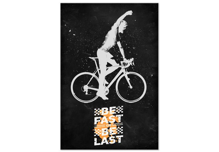 Canvas Print Cyclist (1-piece) - joyful man on a bike and white text