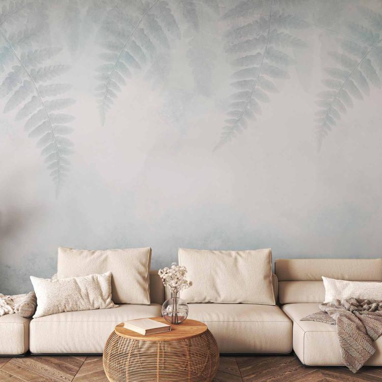 Wall Mural Abstraction and Fern Leaves - Painted Background in Blue Tones