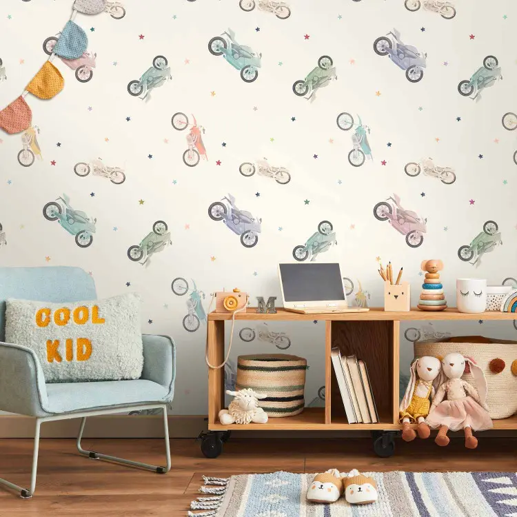 Pastel Motorcycles - Colorful Vehicles and Stars on a Light Background