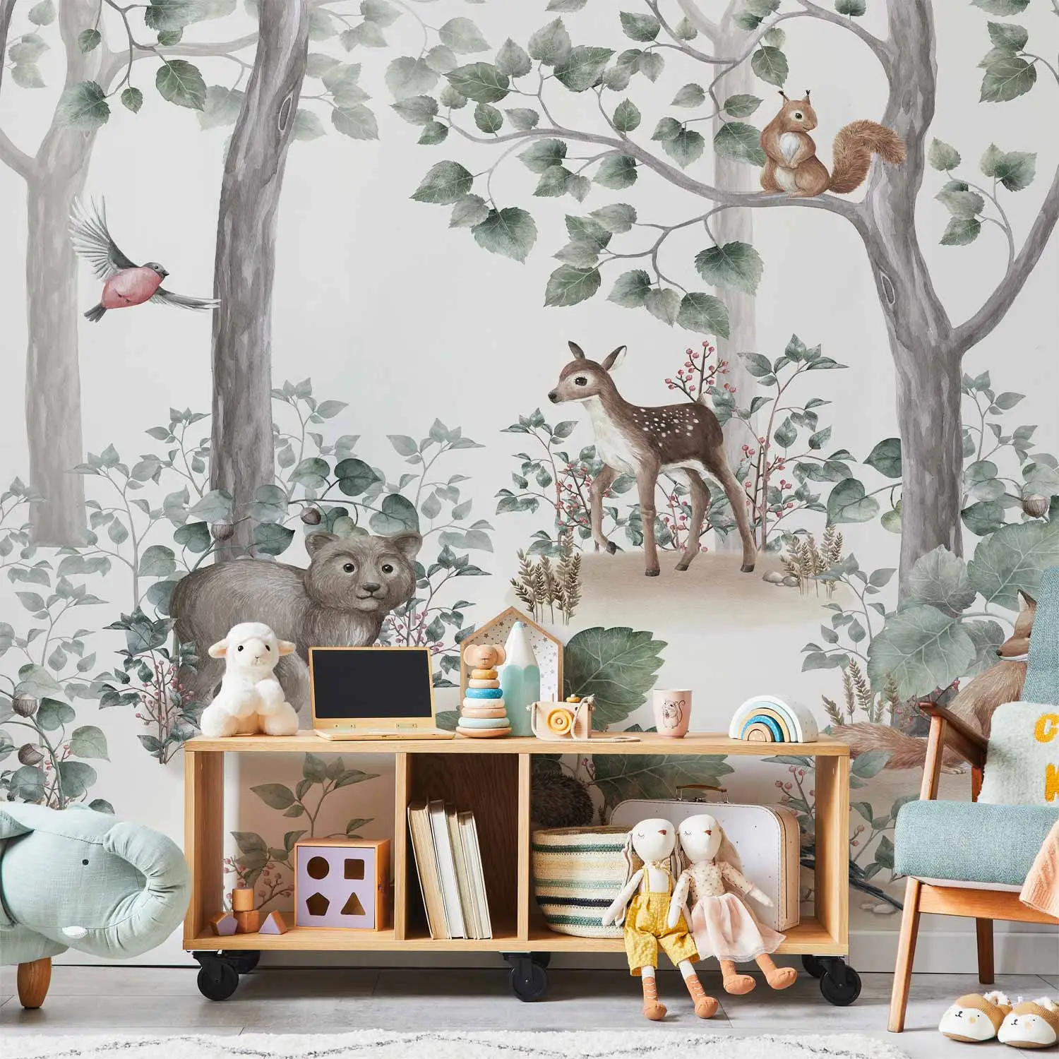 Photo Wallpaper Forest Tale - Watercolor Landscape With Animals for ...