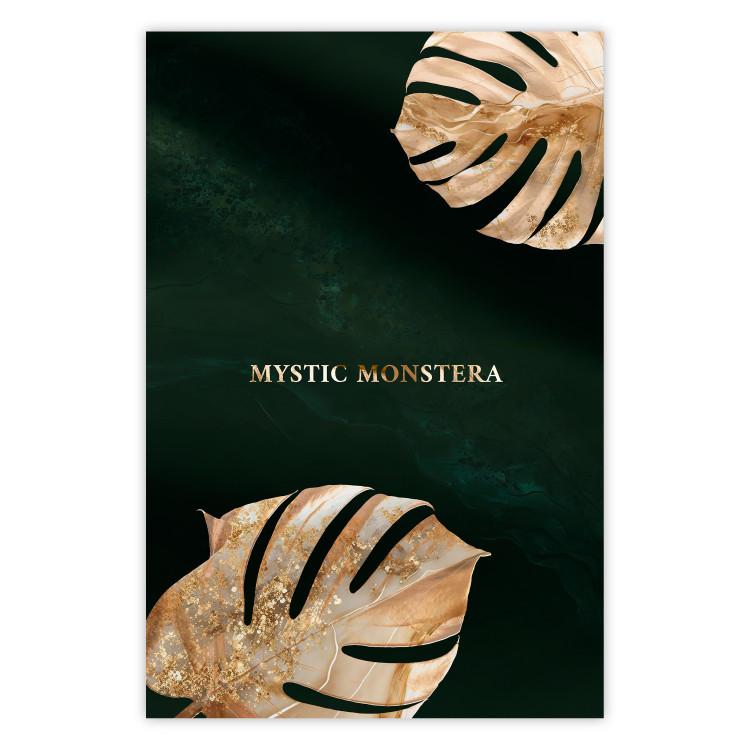 Poster Mystical Monstera - Decorated Exotic Leaves on a Dark Green Background