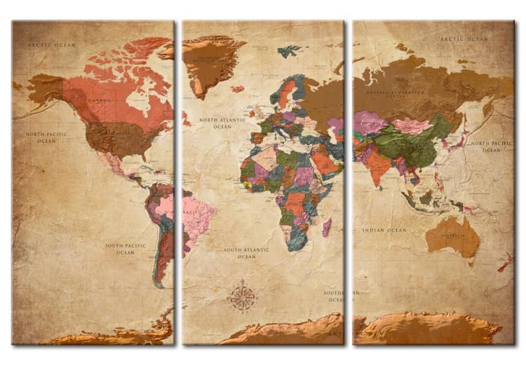 Canvas Print Brown Elegance (3-piece) - world map and text in English