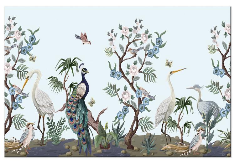 Canvas Print Oriental Birds - Cranes and Peacocks Among Vegetation and Flowers