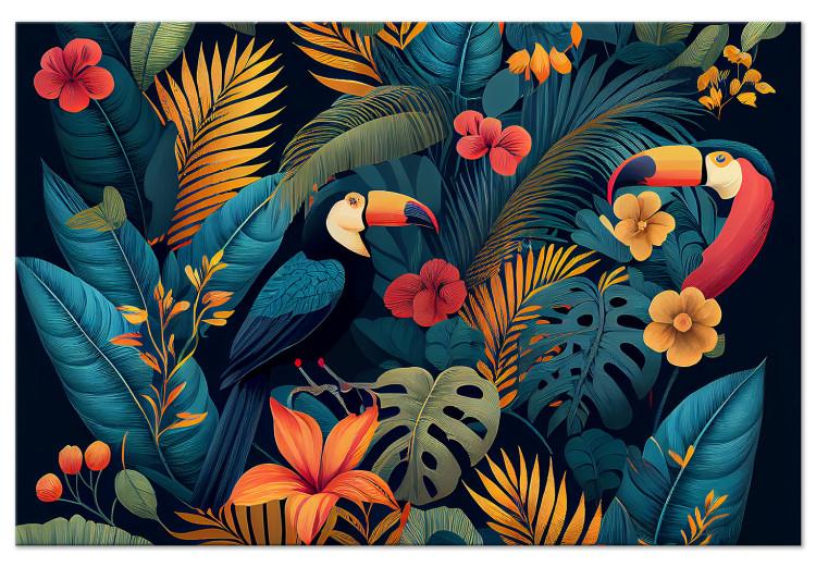 Canvas Print Exotic Birds - Toucans Among Colorful Vegetation in the Jungle