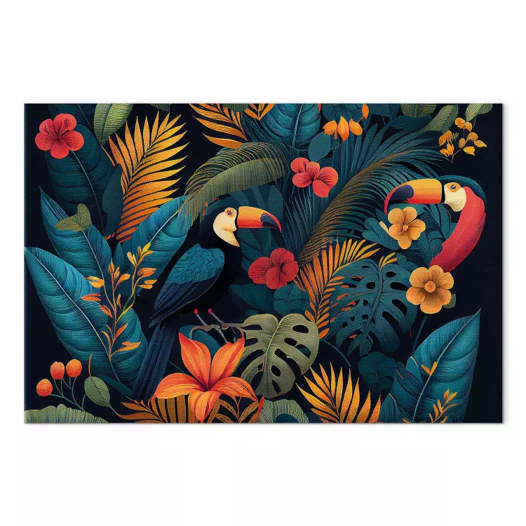 Canvas Print Exotic Birds - Toucans Among Colorful Vegetation in the Jungle