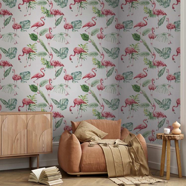 Wallpaper Exotic Birds - Dignified Pink Flamingos and Tropical Leaves