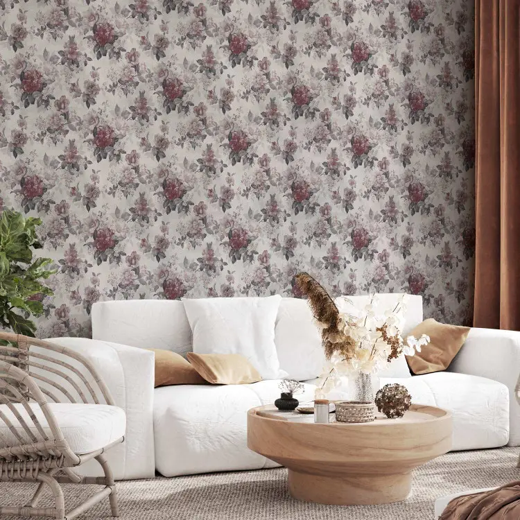 Peonies and Lilacs - White and Pink Flowers With Gray Leaves on a Light Background
