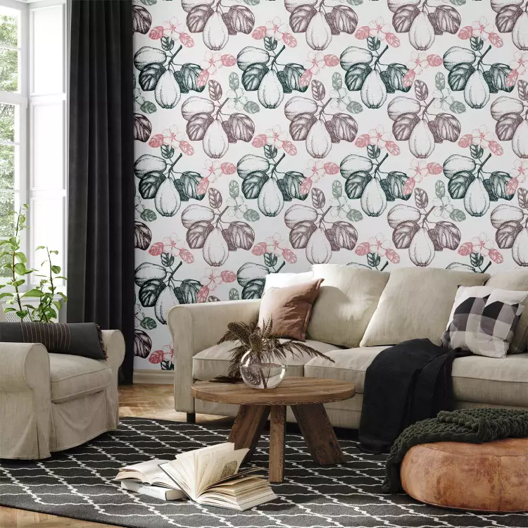 Quince Pattern - Fruits and Leaves on Twigs in Subdued Colors