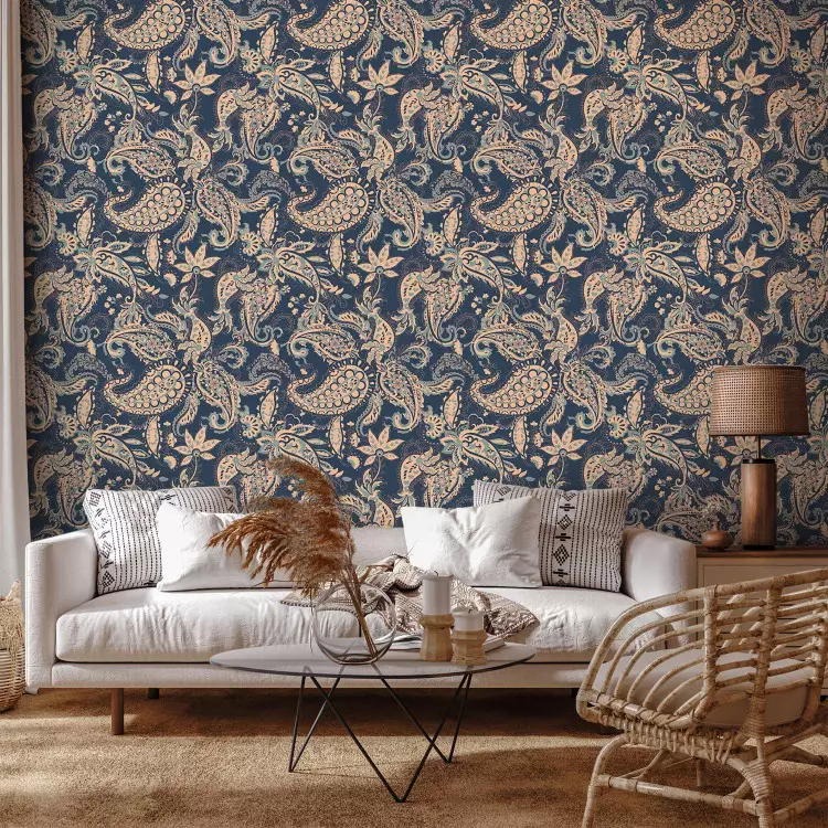 Indian Ornament - Floral Pattern Richly Decorated on a Blue Background
