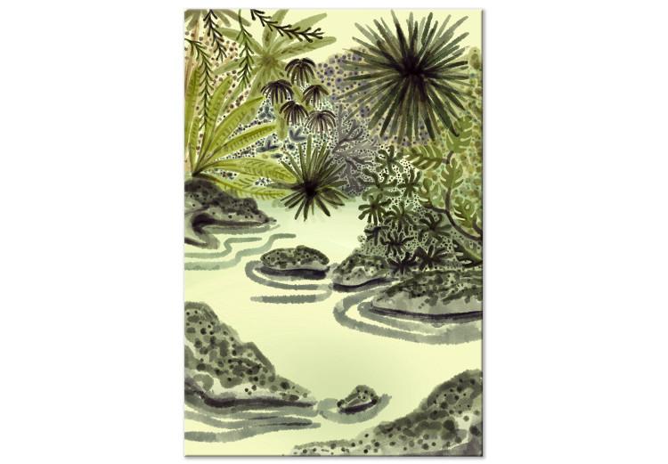 Canvas Print Tropical Lake - Picture Painted With Watercolor Technique in Shades of Green