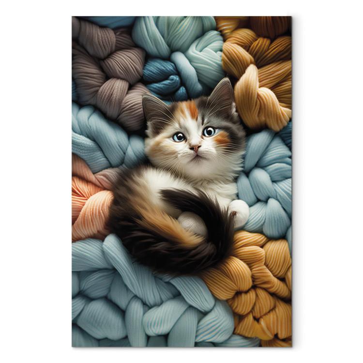 Canvas Print AI Calico Cat - Tortoiseshell Animal Resting on Bundles of Colorful Yarns - Vertical