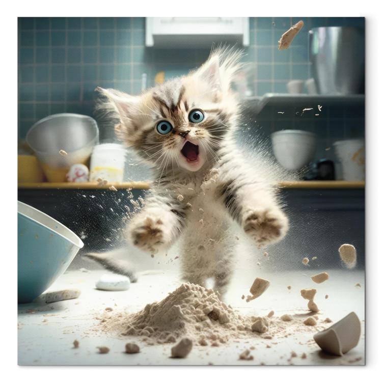 Canvas Print AI Maine Coon Cat - Scared Animal at Kitchen Work - Square