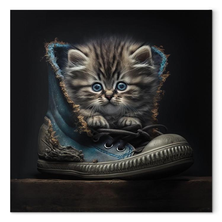 Canvas Print AI Maine Coon Cat - Tiny Blue-Eyed Animal in a Shoe - Square