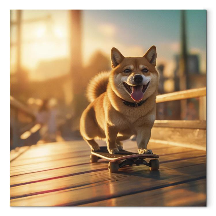Canvas Print AI Shiba Dog - Smiling Animal on Skateboard at Sunset - Square