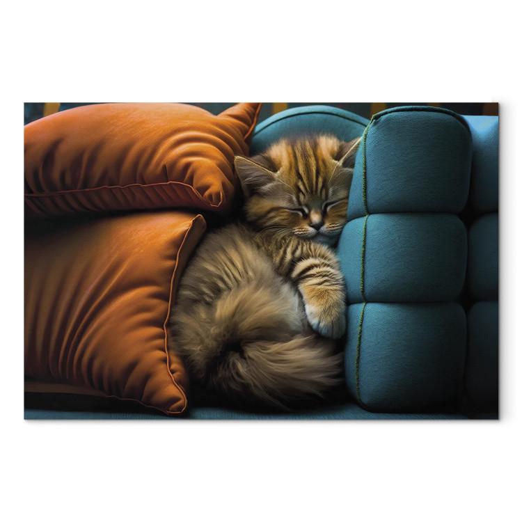 Canvas Print AI Cat - Cute Animal Sleeping Between Comfortable Pillows - Horizontal