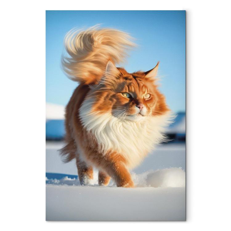 Canvas Print AI Norwegian Forest Cat - Long Haired Animal Walking on Snow - Vertical
