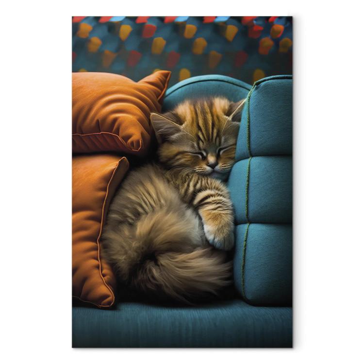 Canvas Print AI Cat - Cute Animal Sleeping Between Comfortable Pillows - Vertical
