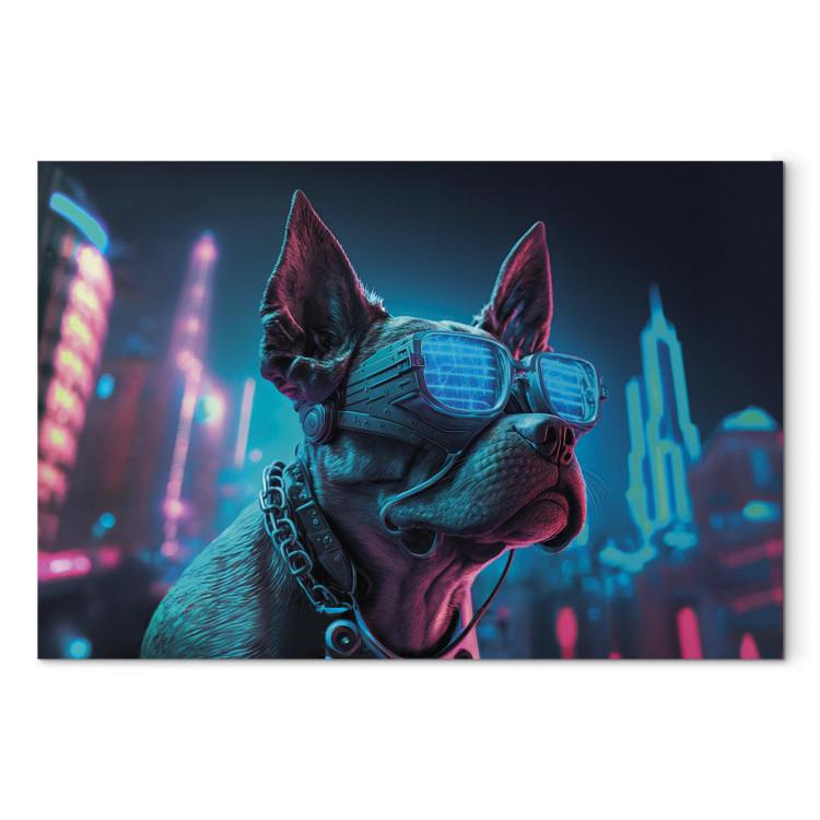 Canvas Print AI Dog Boston Terrier - Blue Animal in Glowing Glasses on City Neon Background - Horizontal