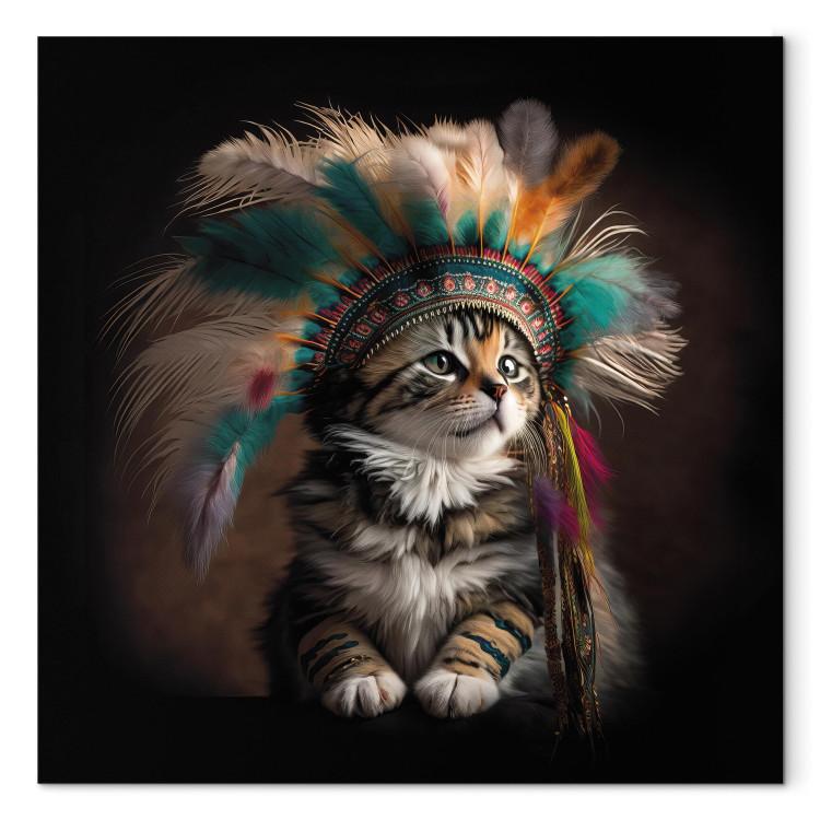 Canvas Print AI Kitty - Portrait of a Proud Animal in an Indian Headdress - Square