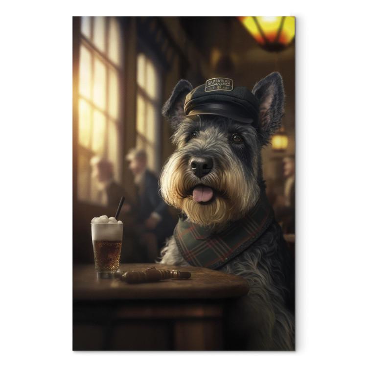 Canvas Print AI Dog Miniature Schnauzer - Portrait of a Animal in a Pub With a Beer - Vertical