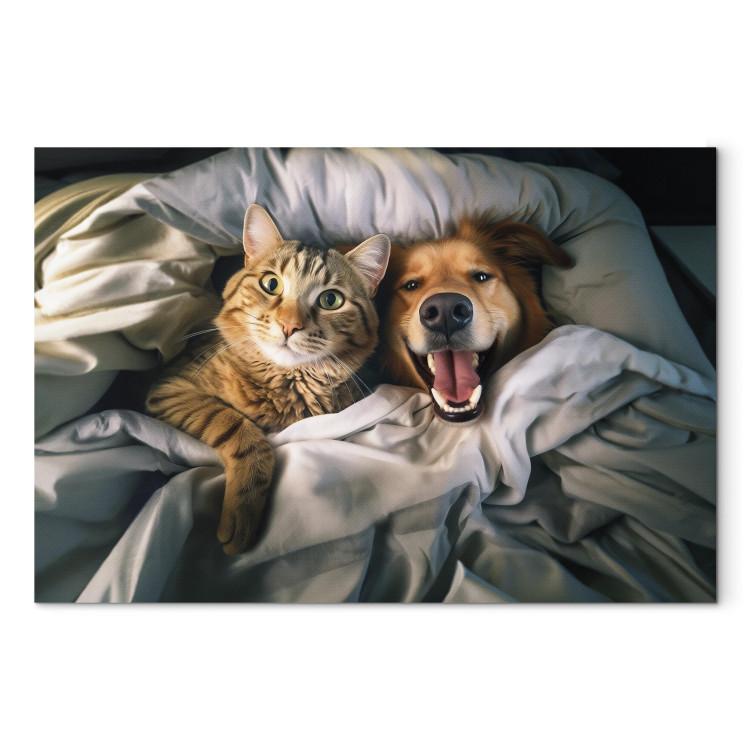 Canvas Print AI Golden Retriever Dog and Tabby Cat - Animals Resting in Comfortable Bedding - Horizontal
