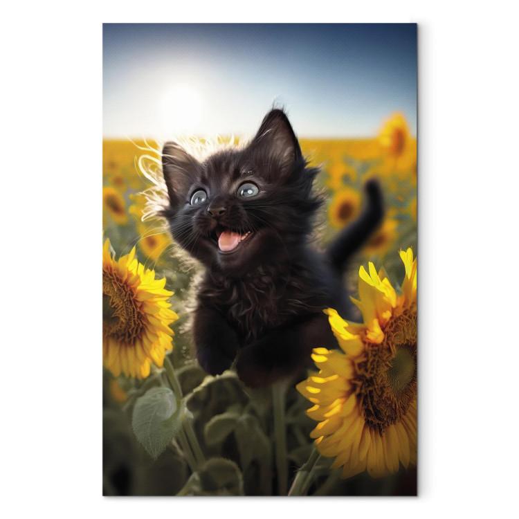 Canvas Print AI Cat - Black Animal Dancing in a Field of Sunflowers in a Sunny Glow - Vertical