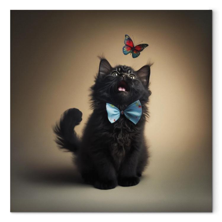 Canvas Print AI Cat - Animal in a Bow Tie Watching a Colorful Butterfly - Square