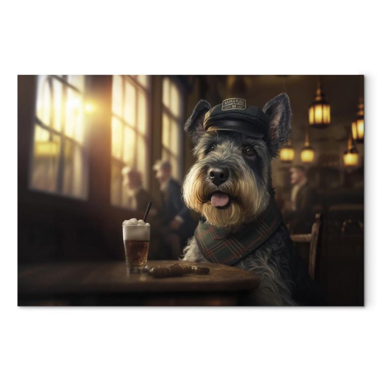 Canvas Print AI Dog Miniature Schnauzer - Portrait of a Animal in a Pub With a Beer - Horizontal