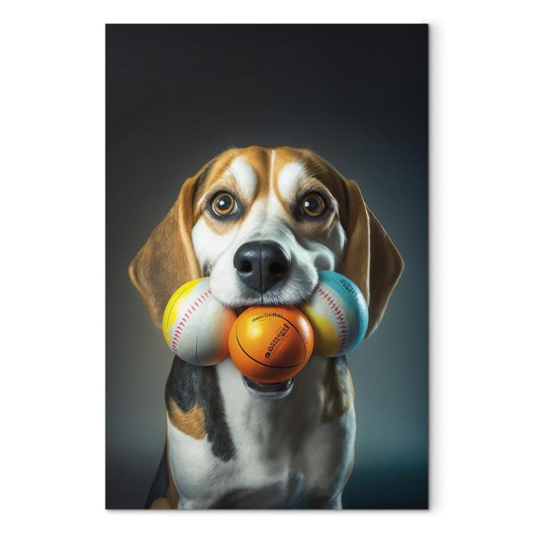 Canvas Print AI Beagle Dog - Portrait of a Animal With Three Balls in Its Mouth - Vertical
