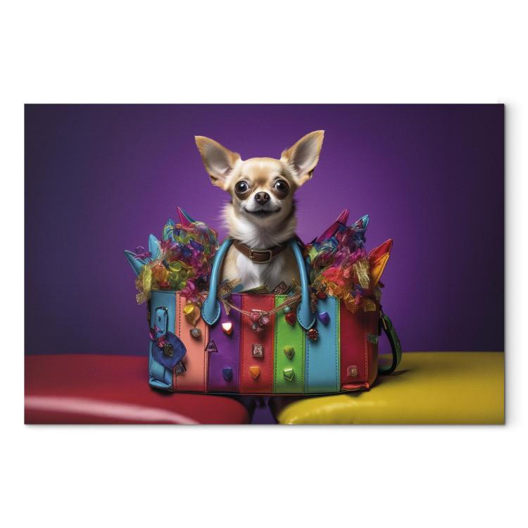 Canvas Print AI Chihuahua Dog - Tiny Animal in a Colorful Bag - Horizontal