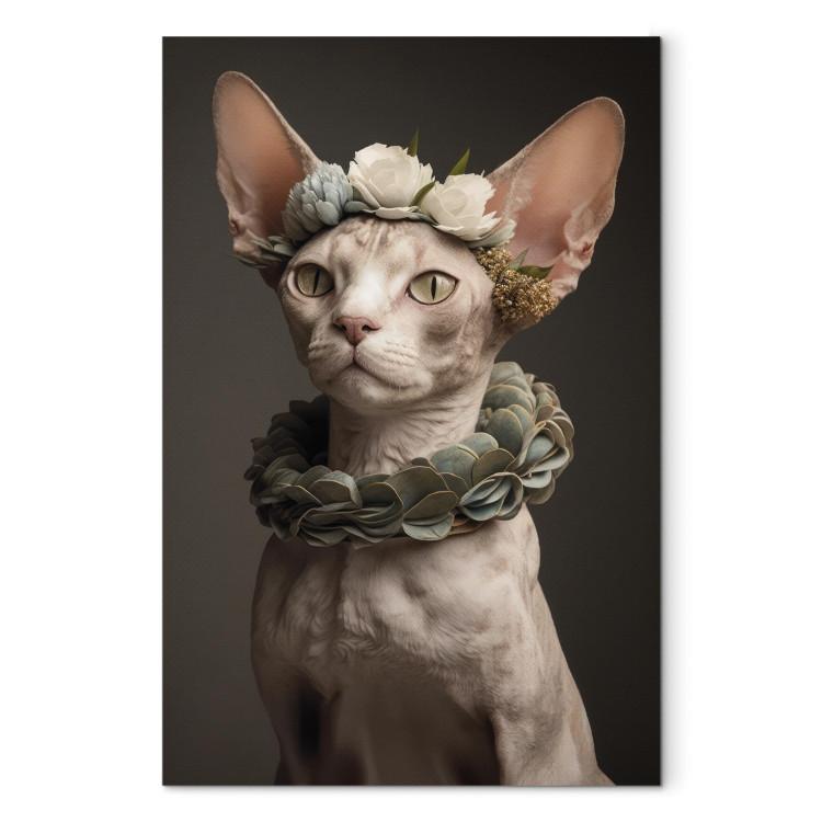 Canvas Print AI Sphinx Cat - Animal Portrait With Long Ears and Plant Jewelry - Vertical