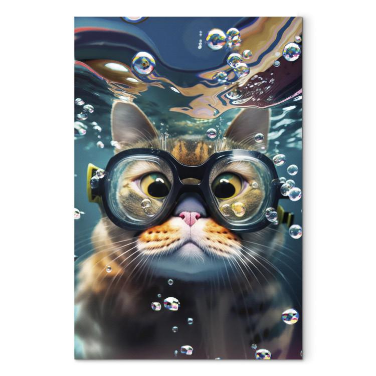 Canvas Print AI Cat - Diving Animal in Goggles Among Bubbles - Vertical