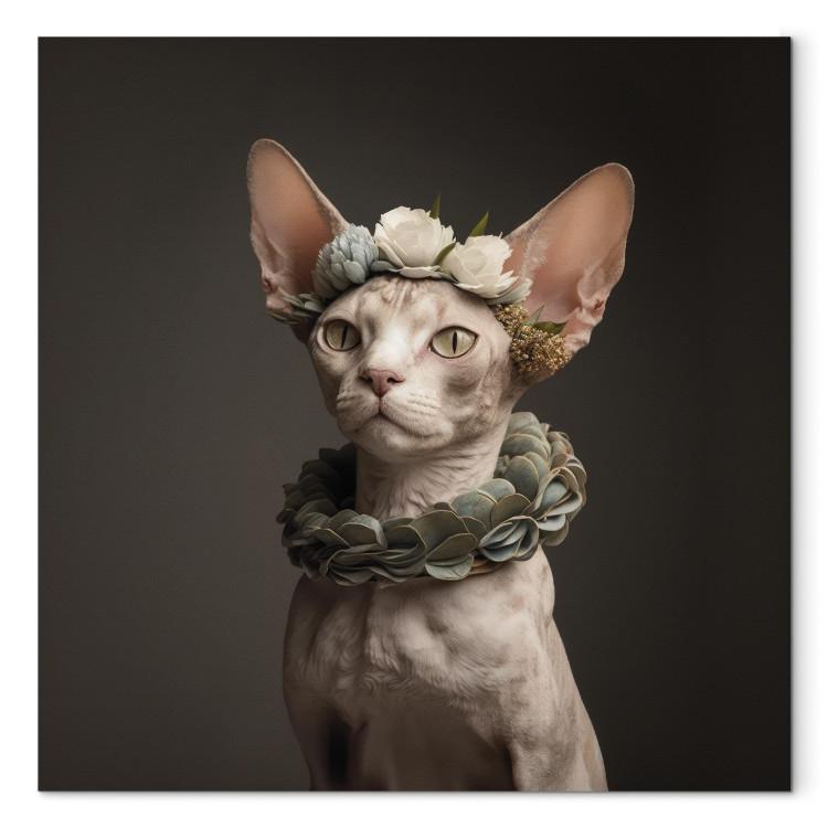 Canvas Print AI Sphinx Cat - Animal Portrait With Long Ears and Plant Jewelry - Square
