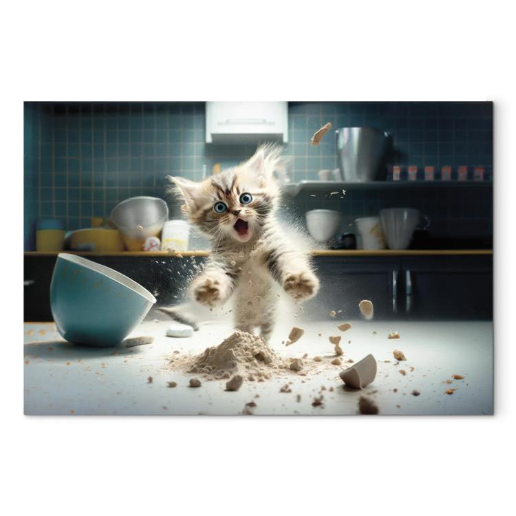 Canvas Print AI Maine Coon Cat - Scared Animal at Kitchen Work - Horizontal