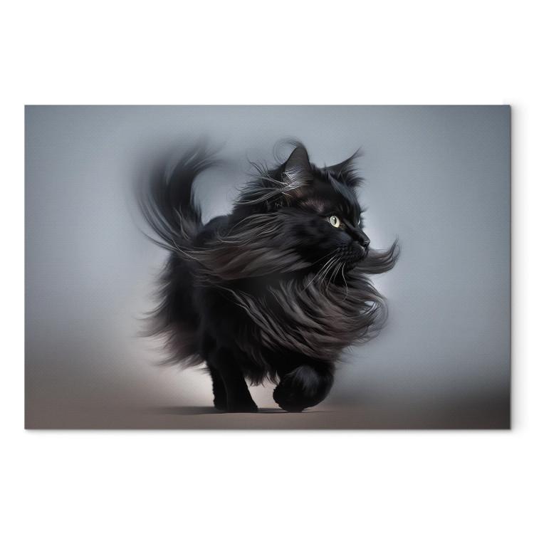 Canvas Print AI Maine Coon Cat - Walking Animal With Long Black Hair - Horizontal