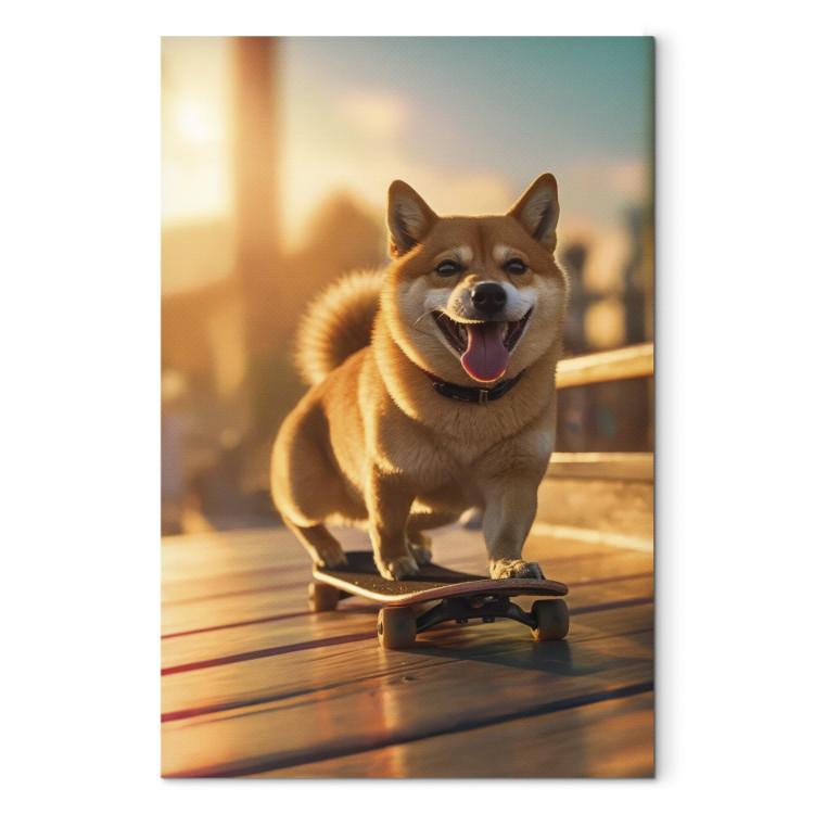 Canvas Print AI Shiba Dog - Smiling Animal on Skateboard at Sunset - Vertical