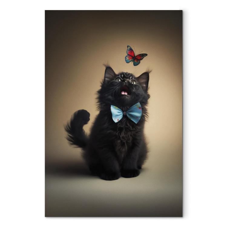 Canvas Print AI Cat - Animal in a Bow Tie Watching a Colorful Butterfly - Vertical