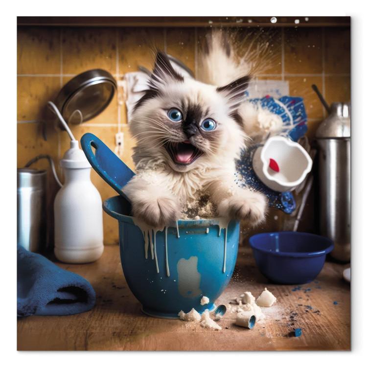Canvas Print AI Ragdoll Cat - Fluffy Animal While Playing in the Kitchen - Square