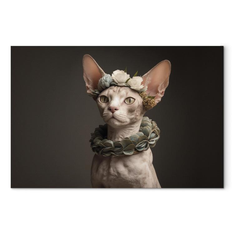 Canvas Print AI Sphinx Cat - Animal Portrait With Long Ears and Plant Jewelry - Horizontal