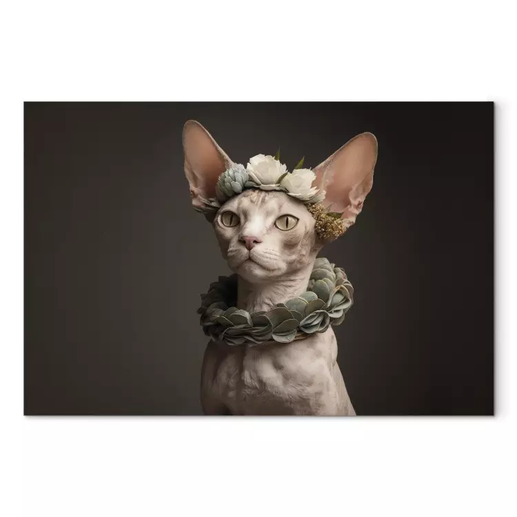 Canvas Print AI Sphinx Cat - Animal Portrait With Long Ears and Plant Jewelry - Horizontal