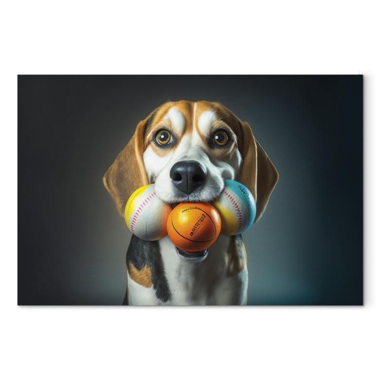 Canvas Print AI Beagle Dog - Portrait of a Animal With Three Balls in Its Mouth - Horizontal