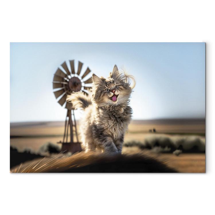 Canvas Print AI Maine Coon Cat - Smiling Fluffy Animal in Don Quixote Style - Horizontal
