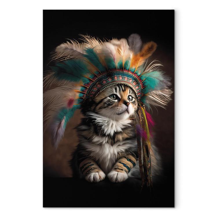 Canvas Print AI Kitty - Portrait of a Proud Animal in an Indian Headdress - Vertical