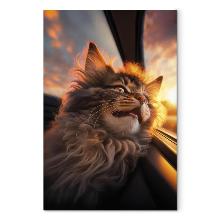 Canvas Print AI Maine Coon Cat - Animal on a Journey to the Setting Sun - Vertical