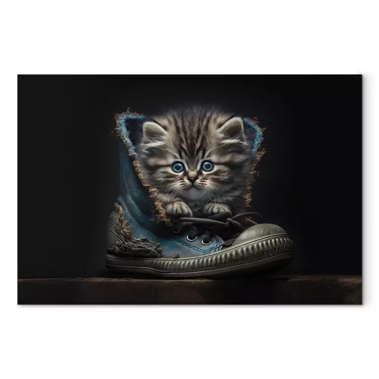 Canvas Print AI Maine Coon Cat - Tiny Blue-Eyed Animal in a Shoe - Horizontal