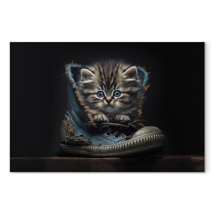 Canvas Print AI Maine Coon Cat - Tiny Blue-Eyed Animal in a Shoe - Horizontal