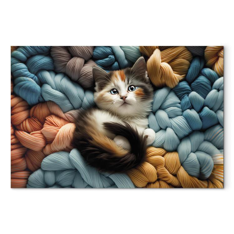Canvas Print AI Calico Cat - Tortoiseshell Animal Resting on Bundles of Colorful Yarns - Horizontal