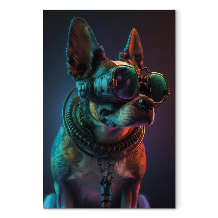 Canvas Print AI Boston Terrier Dog - Green Cyber Animal Wearing Cyberpunk Glasses - Vertical